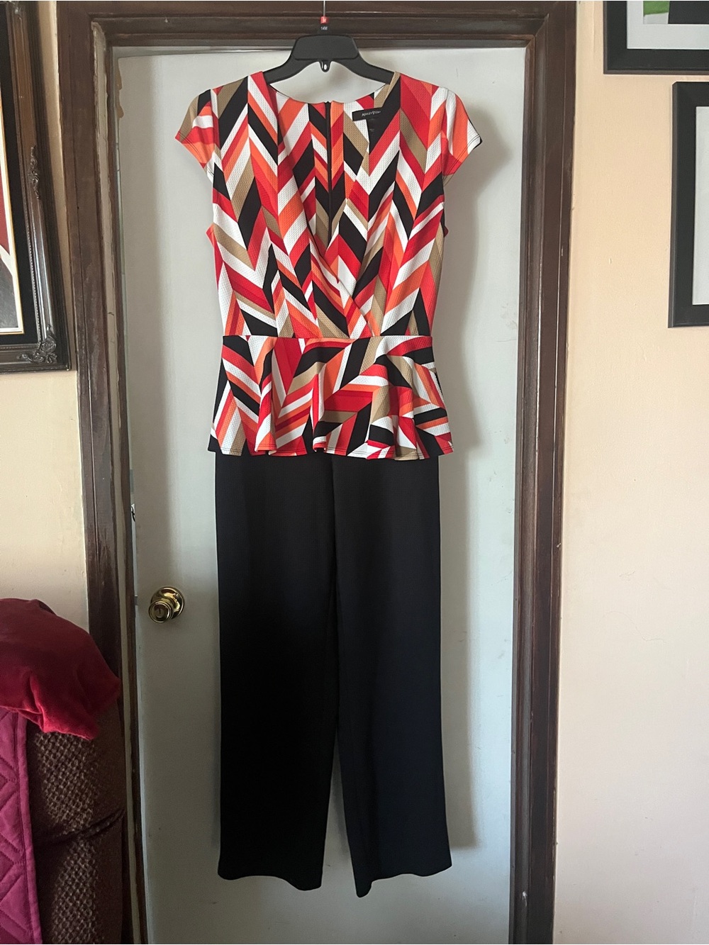 NWT Ashley Stewart Black Wide-Leg Jumpsuit with Red Orange Chevron Peplum Top